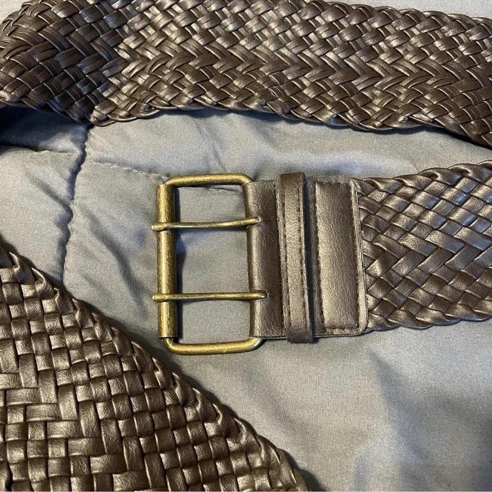 Leather Woven Belt Wide Women 40” Braided Double Buckle Brown Boho Cowgirl 80s